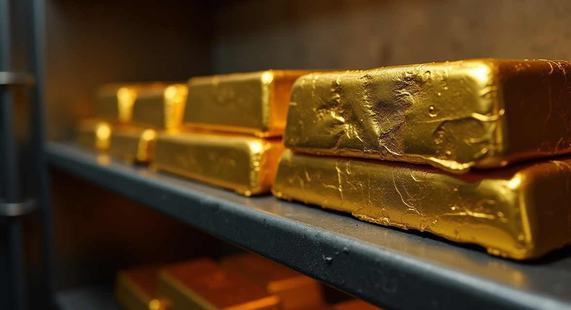 Neatly stacked gold bars on a shelf within the secure vault.